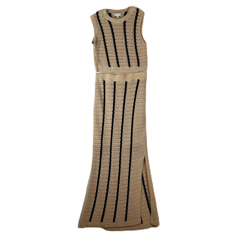 Miou Muse Bobbi Rocco Crochet Knit 2 Piece Set Tan Black Striped Maxi Skirt‎ S M